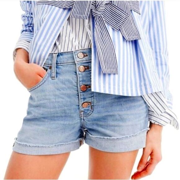 J.Crew High Rise Denim Shorts Light Wash Exposed Button Fly Raw Hem Size 27 GUC - Picture 1 of 7